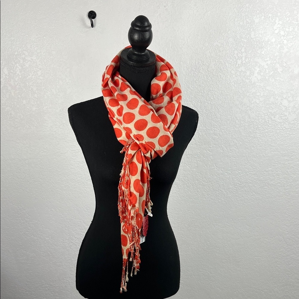 Apt. 9 Women’s Orange Tan Polka Dot Scarf Fringe One Size Retro Winter Chic